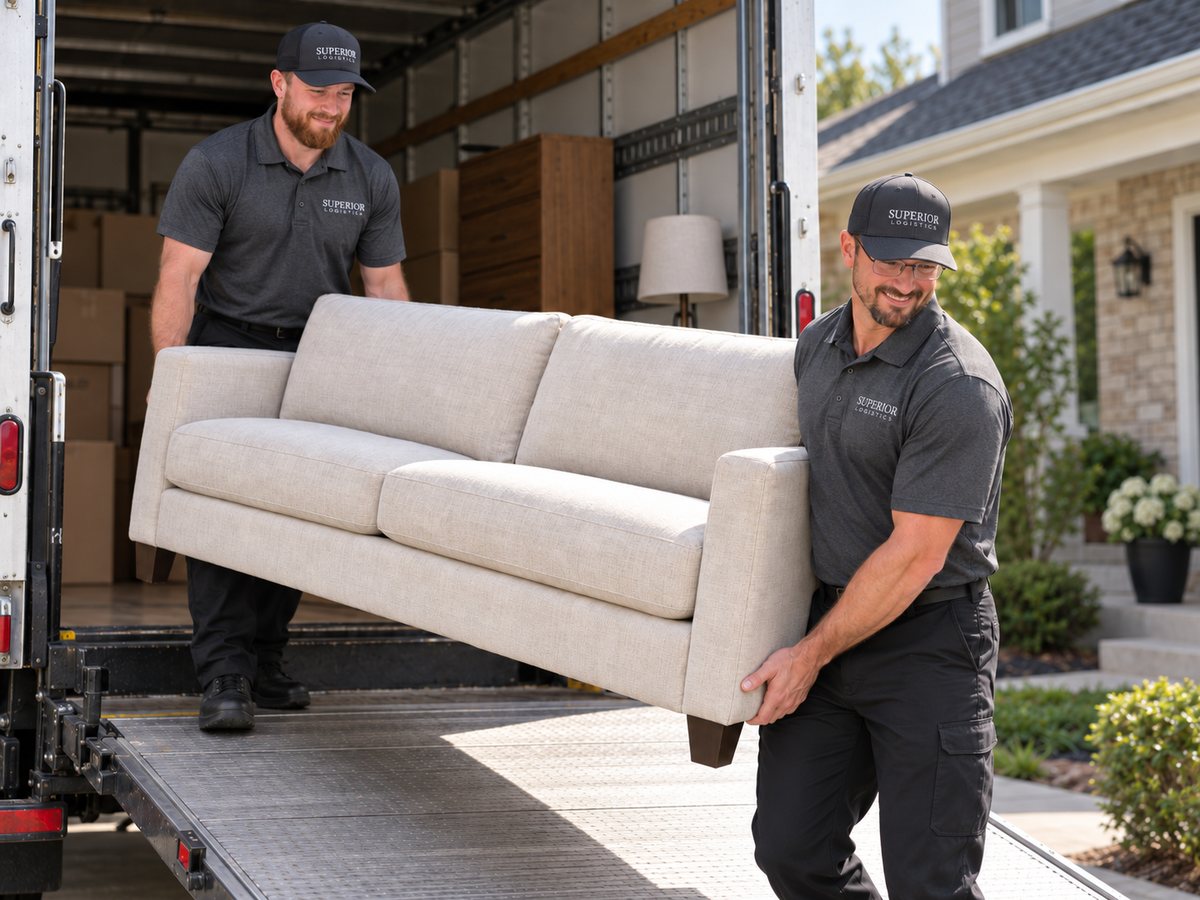 A two-person Superior Logistics crew carrying a sofa down the truck ramp at a residential delivery.